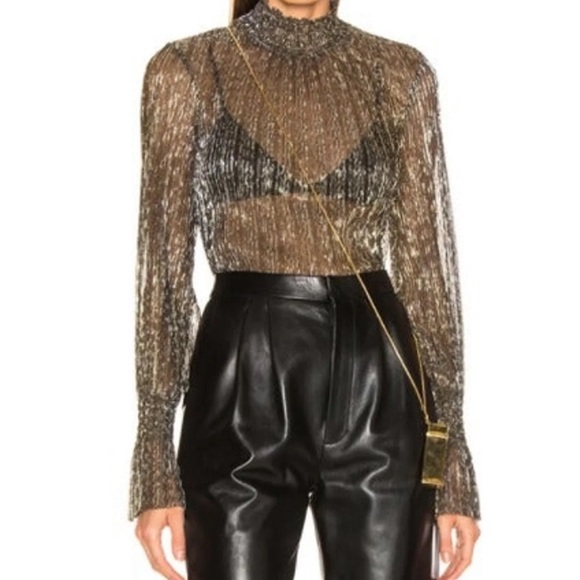L’Agence Gold Metallic Sheer Top Smocked Neck Blouse - Picture 1 of 9